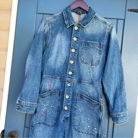 Free People Blue Denim Jumpsuit with paint splash Women Size Small - Picture 3 of 9